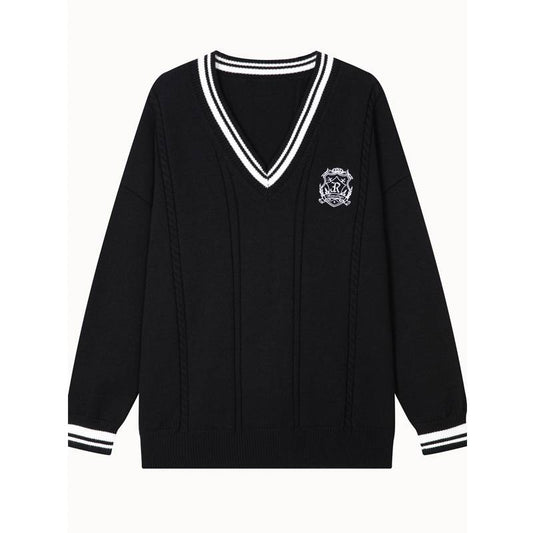 Preppy Style V-Neck Embroidered Pullover Sweater