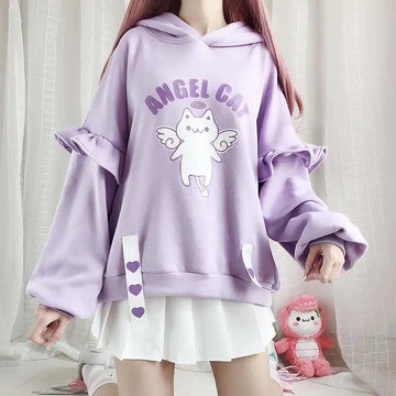 Angel Cat Purple Ruffle Sleeves Hoodie