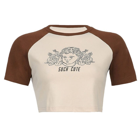 Vintage Angel Print Round Collar Short T-shirt