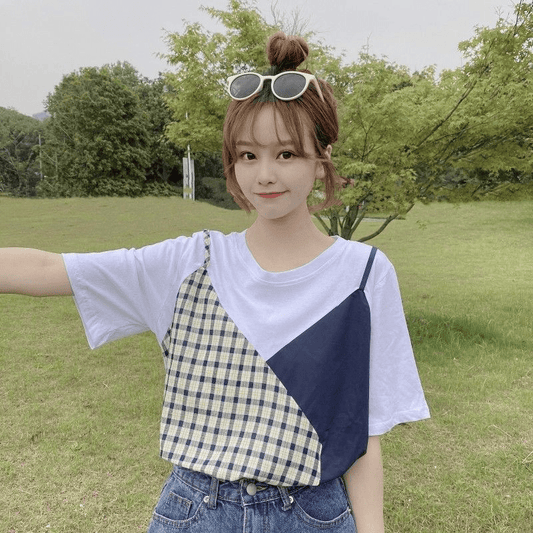 Plaid Color Block Round Collar T-shirt