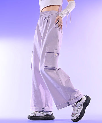 Purple Solid High Waist Straight Cargo Pants