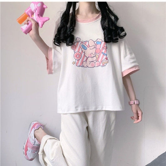 Kawaii Pink Cartoon Graphic T-shirt