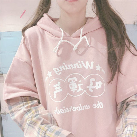 Kawaii Pink Long Sleeve Fake Two Piece Hoodies