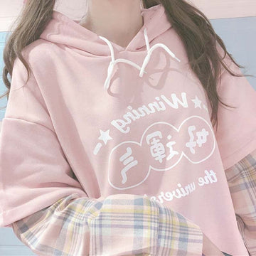 Kawaii Pink Long Sleeve Fake Two Piece Hoodies