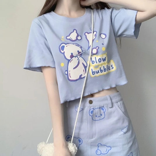 Kawaii Bear Print Graphic T-Shirts