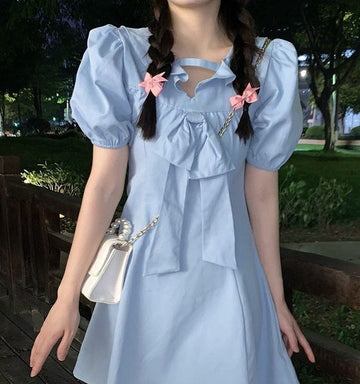 Kawaii Sweet Puff Sleeve Blue Short Dresses