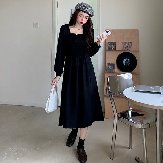 French Vintage Black Ruched Dress