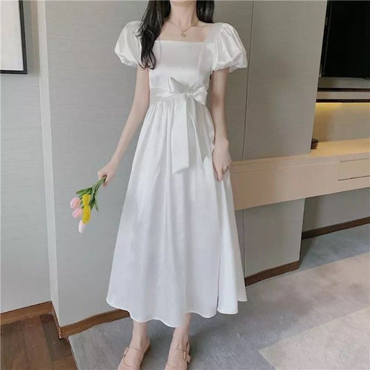 Vintage French White Puff Sleeve Long Dress