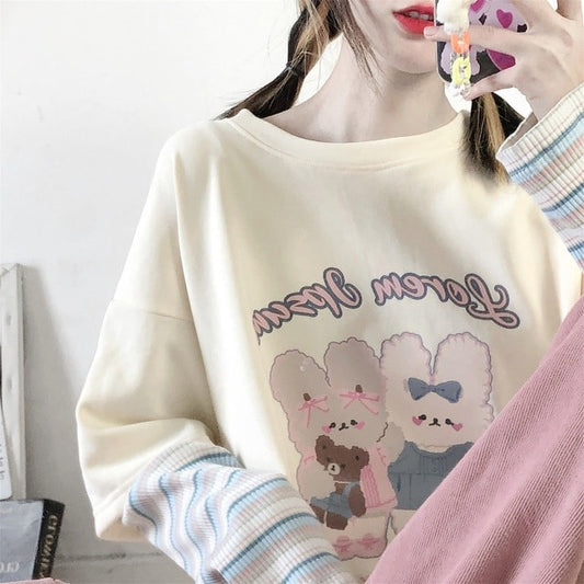 Harajuku Cartoon Rabbit Print Long Sleeve T-Shirt