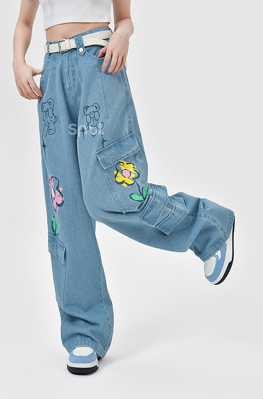 Rainbow Flower Print High-Rise Jeans