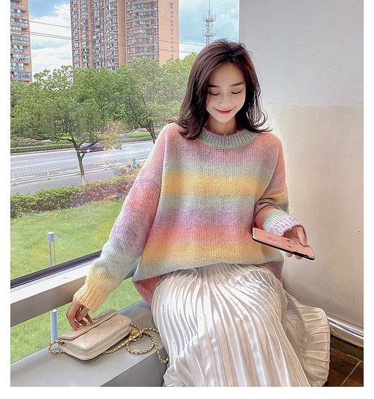 Rainbow Gradient Stripe Loose Sweater