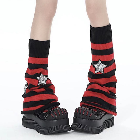 Red And Black Striped Mid Stars Pile Socks