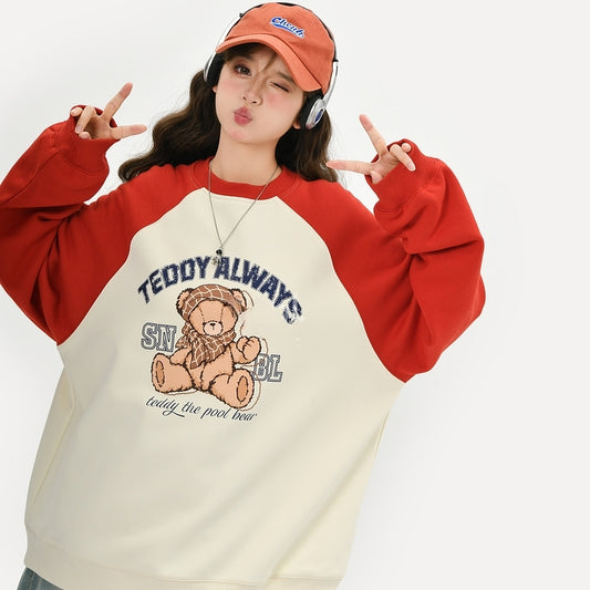 Retro American Cartoon Bear Print round-neck Sweatshirt