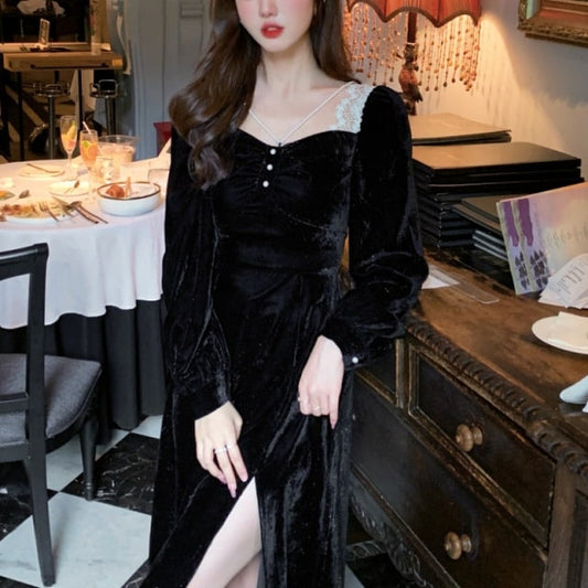 Korean Vintage Black Lace Midi Dress