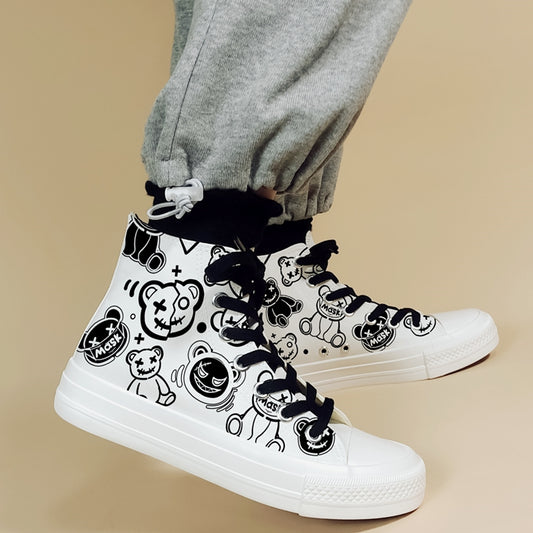 Retro Cartoon Bear Graffiti High-Top Canvas Shoes