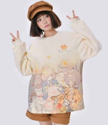 Retro Oil Painting Printing Round Neck Hoodie