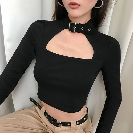 Black Metal Buckle Hollow Short T-Shirt