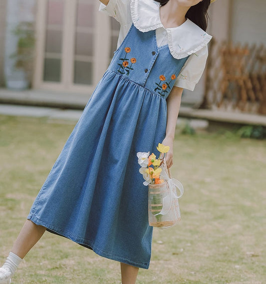 Japanese Sweet Denim Suspender Skirt Set