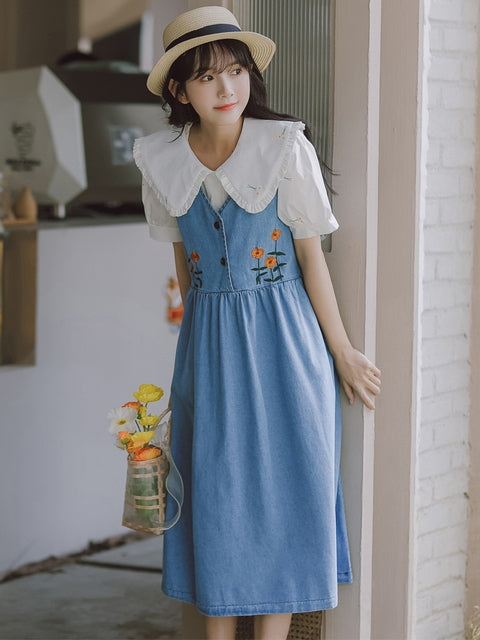 Japanese Sweet Denim Suspender Skirt Set