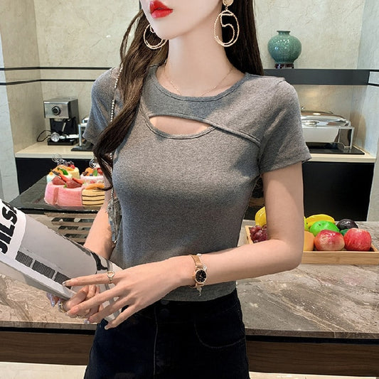 Hollow Out Pure Color Short T-Shirt