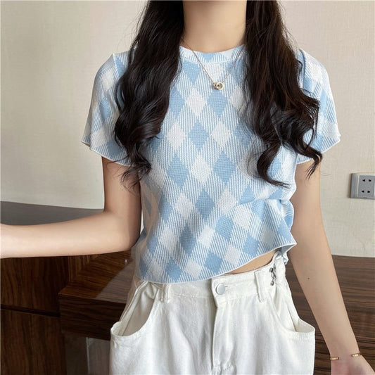 Kawaii Blue Diamond Check Casual T-shirt