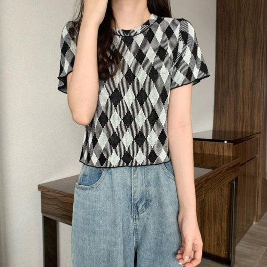 Kawaii Blue Diamond Check Casual T-shirt