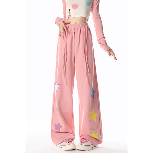 Simple Style Star Print Pink Straight Pants