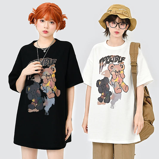 Soft Girl Style Black Loose Cartoon Bear T-shirt