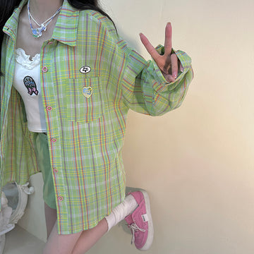 Soft Girl Style Green Striped Shirt