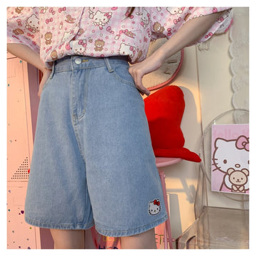 Soft Girl Style Hello Kitty Embroidery Denim Shorts