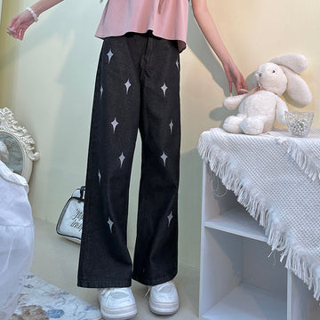 Soft Girl Style Star Print High Waist Straight-Leg Jeans