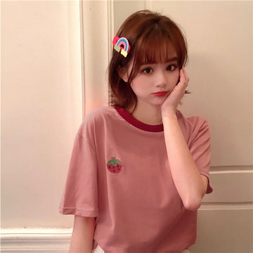 Cute Pink Strawberry Embroidered Loose T-shirt