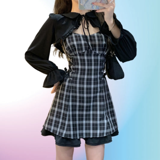 Summer Black Plaid Strap Waist Dress