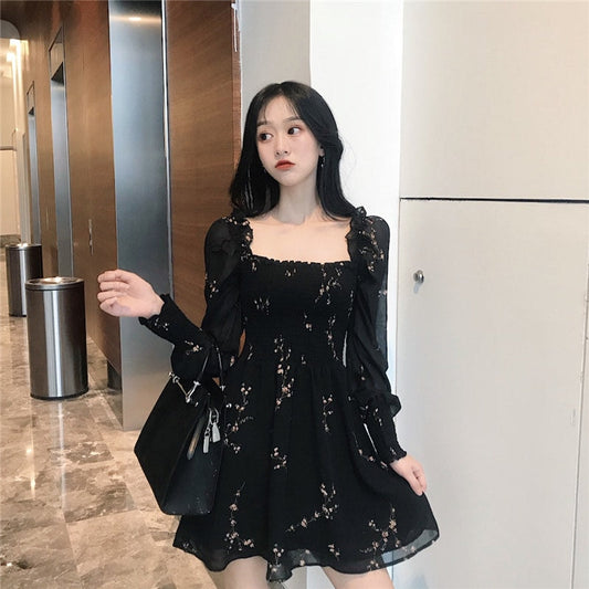 Black Flower Long Puff Sleeve Chiffon Dress