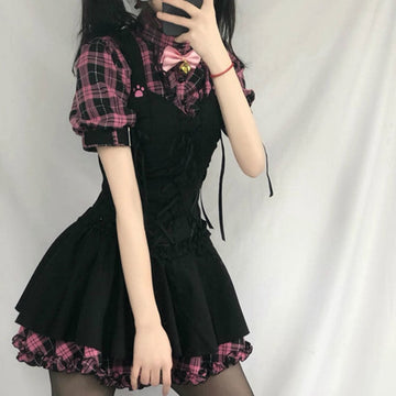 Lolita Pink Plaid Short Sleeve Strap Midi Dress