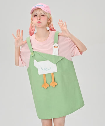 Summer Girly Cartoon Duck Fake Two-Piece Dress