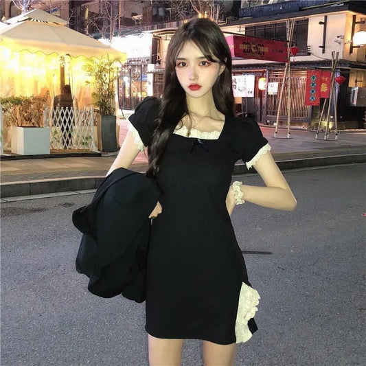 Kawaii Slim Fitted Side Slit Black Short Dress