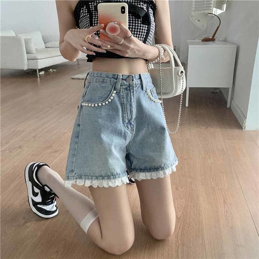 Kawaii Beaded Lace Hem Denim Shorts