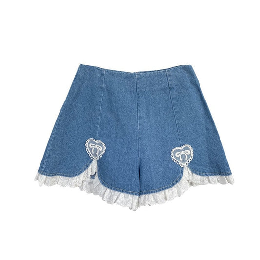 Heart Lace Wide-Leg Denim Shorts