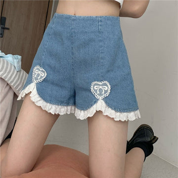 Heart Lace Wide-Leg Denim Shorts