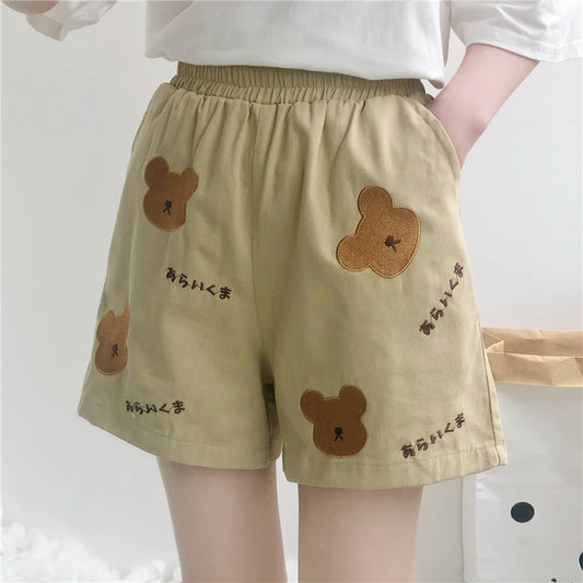 Kawaii Embroidered Bear Elastic Shorts