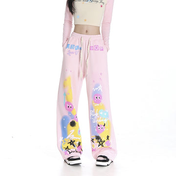 Sweet Cool Dopamine Style Graffiti Print Straight Pants