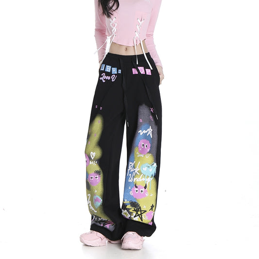 Sweet Cool Dopamine Style Graffiti Print Straight Pants