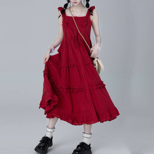 Sweet And Cute Style Red Suspender Dress