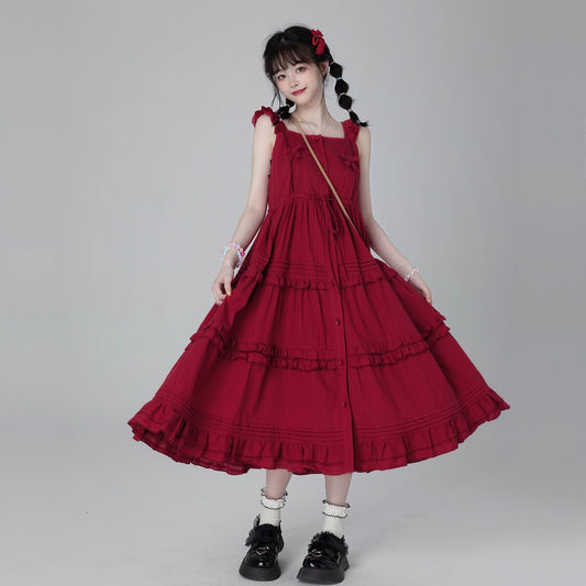 Sweet And Cute Style Red Suspender Dress