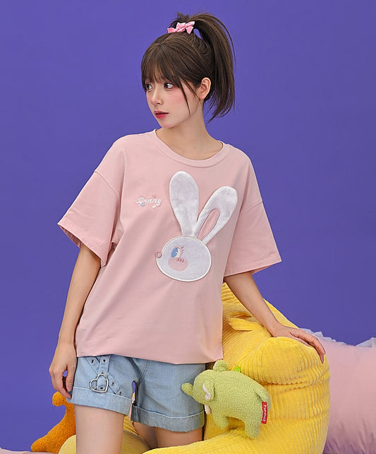 Sweet BM Style Pink Bunny Print T-shirt
