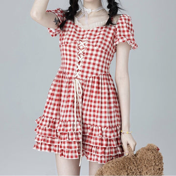 Sweet Ballet Style Red Plaid Strappy Dress