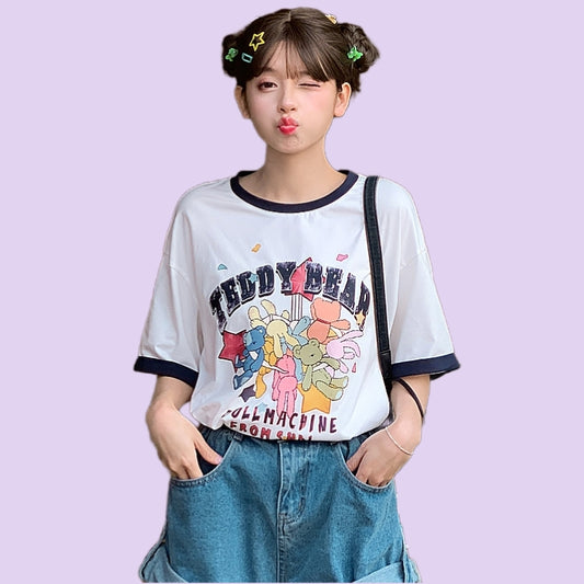 Cute Sweet Cartoon Print Round Neck All-match T-shirt