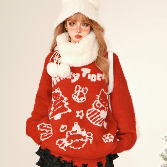 Sweet Christmas-style red Hello Kitty Embroidered Sweater