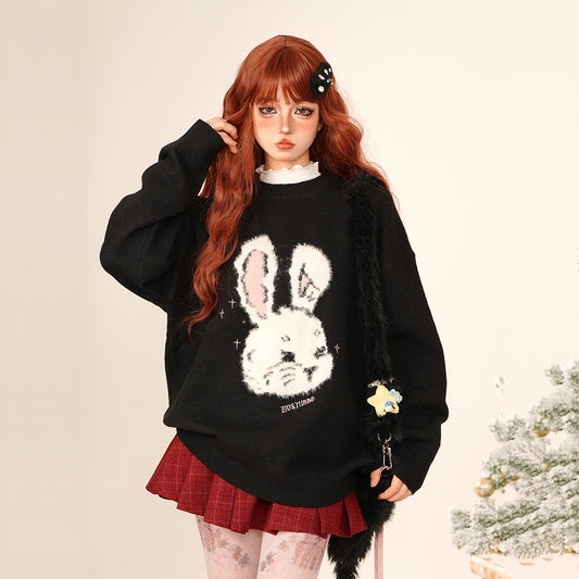 Sweet College Style Black Cartoon Bunny Embroidered Sweater